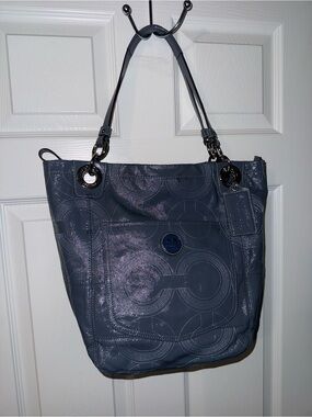 Coach Patent Leather Tote Shoulder Bag - blue/ grey